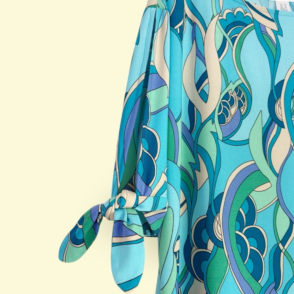 London Times Tie Sleeve Shift Dress Size 12 Coastal Turquoise Print - Picture 3 of 11